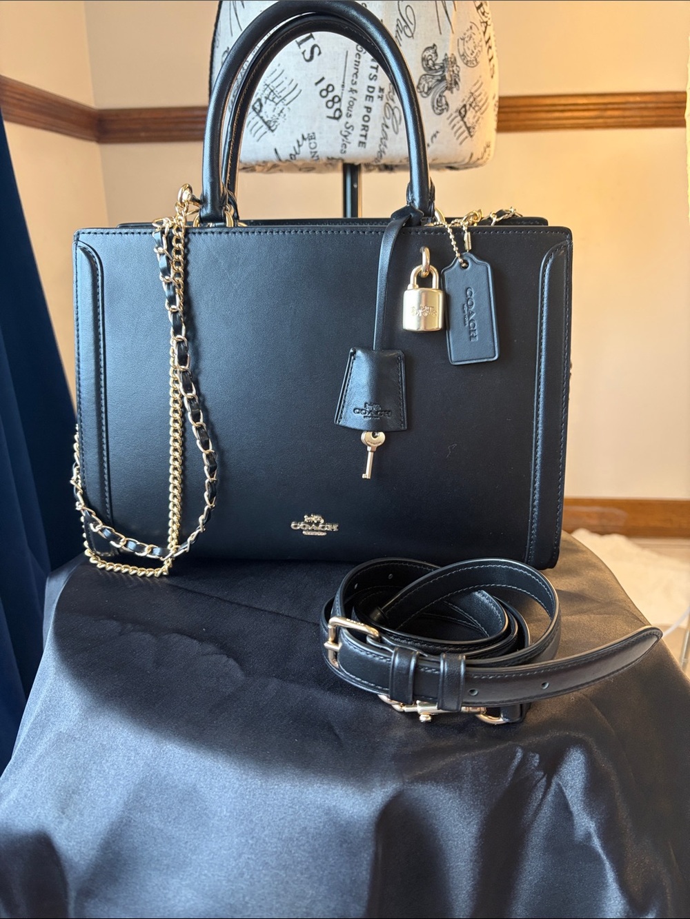 Coach Black Leather Satchel with Gold Hardware and Chain Strap